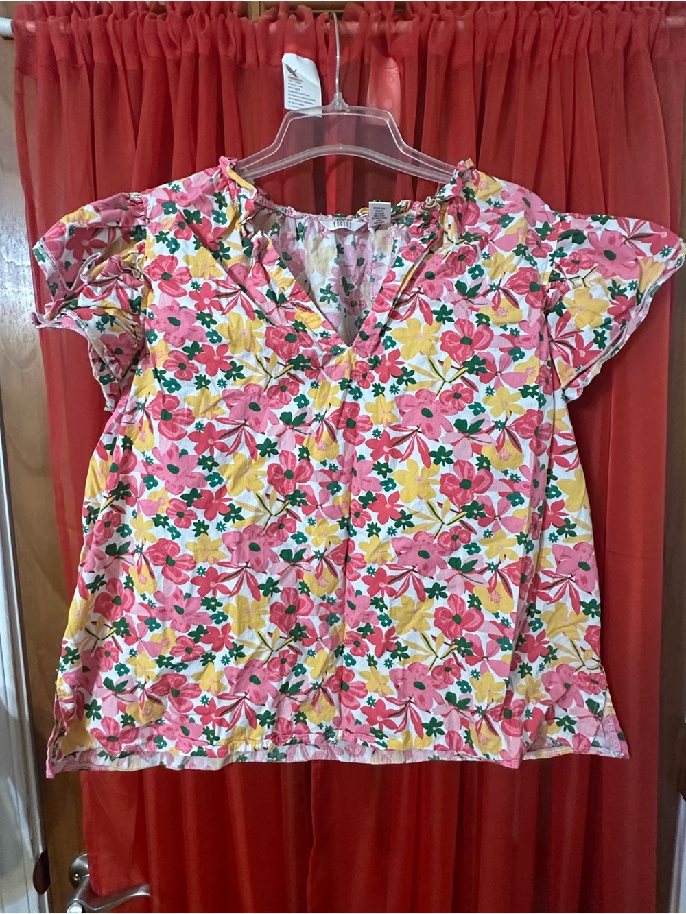 Kaktus Pink & Yellow Floral V-Neck Short Sleeve Top
